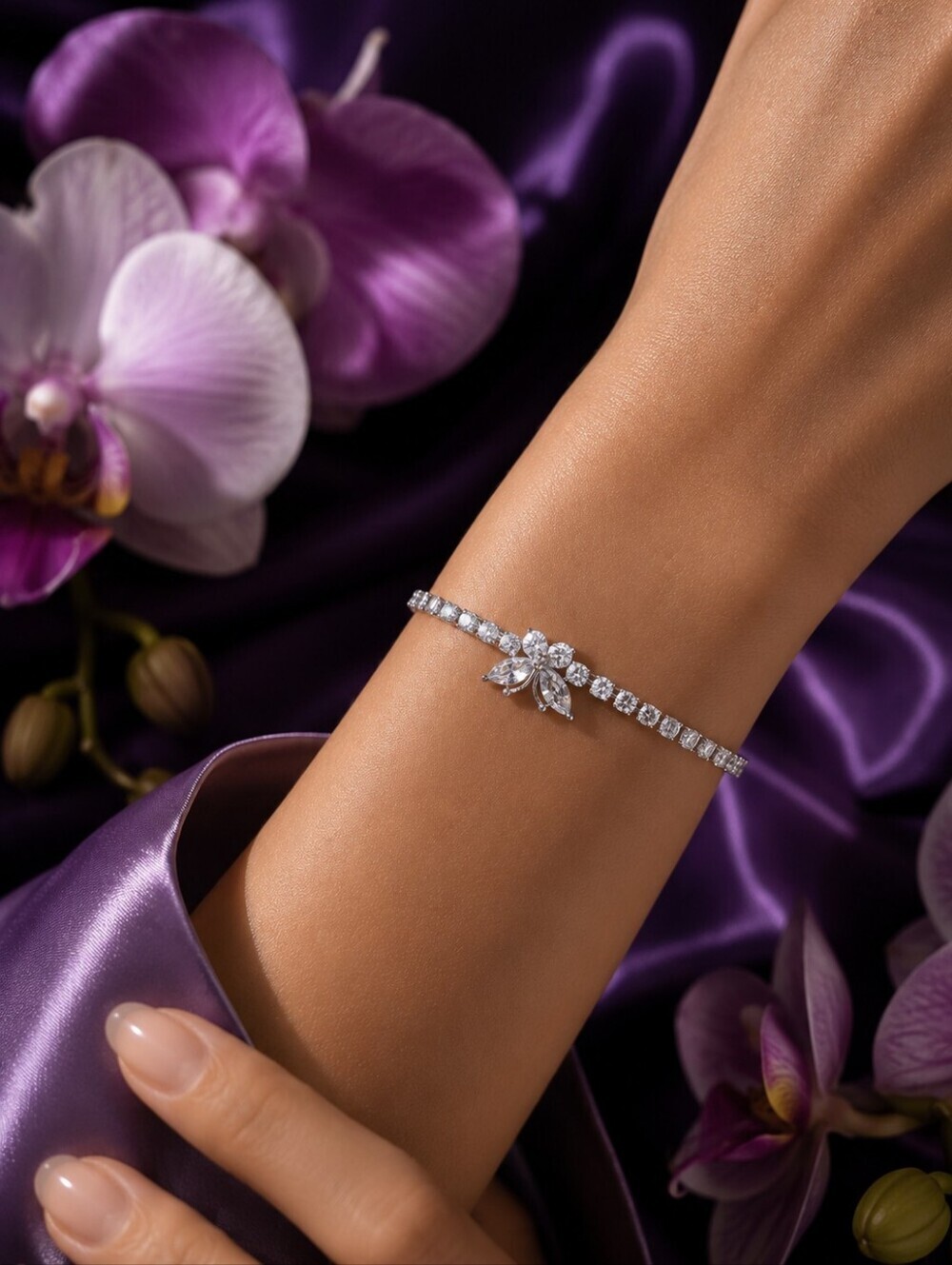Platinum-Color Tennis Bracelet with Floral Accent